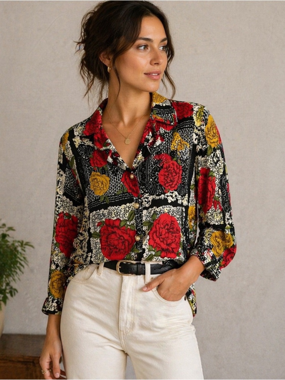 Vintage Joanna Floral Print Button-Down Blouse | Size XL | Made in USA